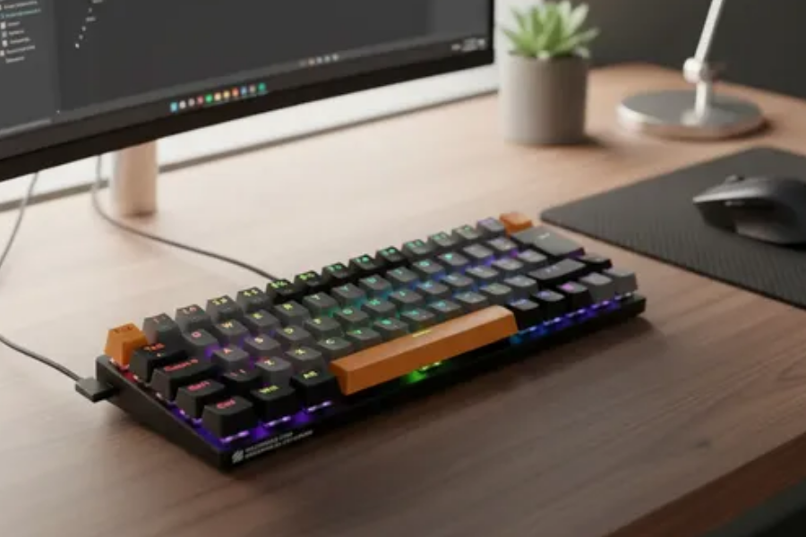 Teclado mecânico Machenike K500 B68 em uma mesa, perto de um mouse e um monitor